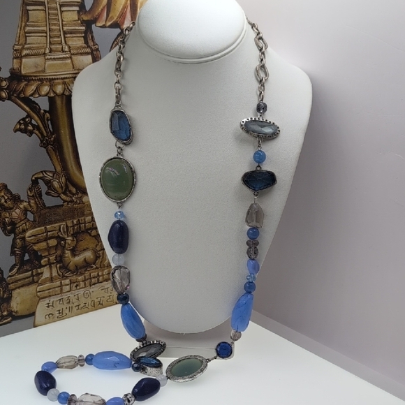 Chico's Blue and Green Beaded Necklace with Semi-Precious Stones - Picture 1 of 4